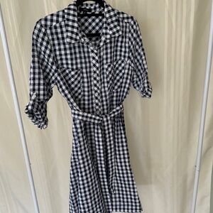 Button-Front Gingham Shirt Dress - Navy & White